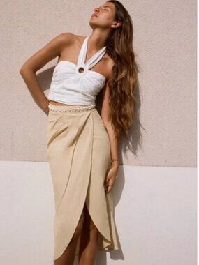 Zara Embellished Seashells High Waist Linen Blend Sand Midi Skirt XS